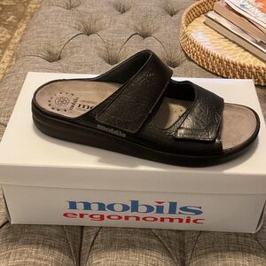 Mephisto Black Leather Dual-Strap Slide Sandals